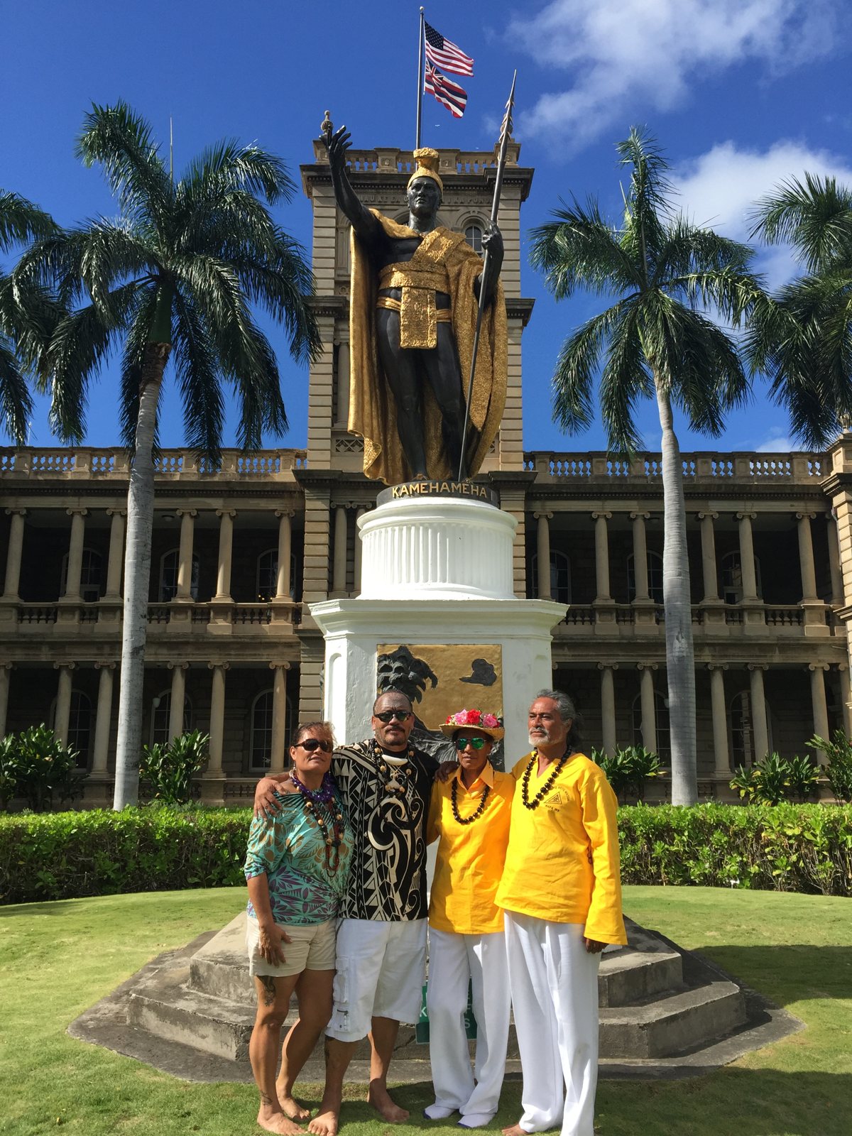 With the King and Queen of Rapa Nui at the King Kamehameha Statue, Honolulu, 8 November 2015