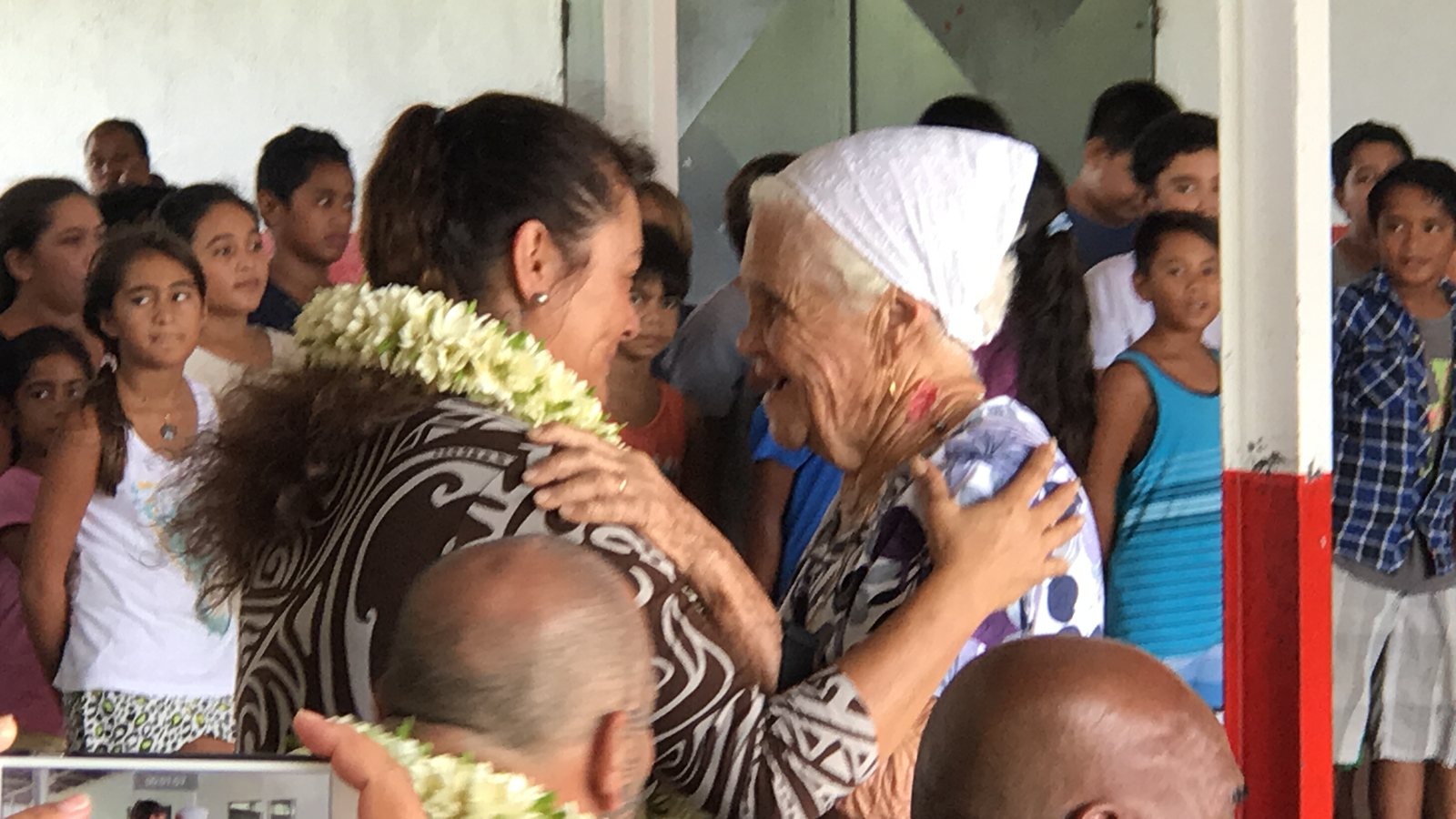 Greeting with flower leis, Mataiea, Tahiti, 26 January 2017